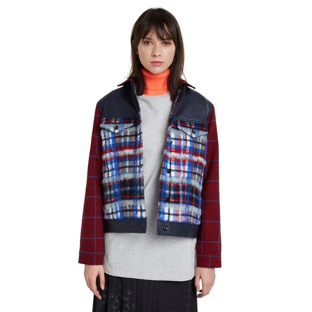 DESIGUAL Ingrid Trucker Jacket in Plush Tartan & Faux Leather Wool Blend